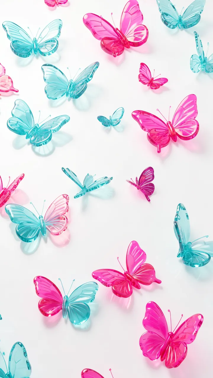 Glossy 3D rendered translucent hot pink and turquoise jelly butterflies scattered across a plain white background