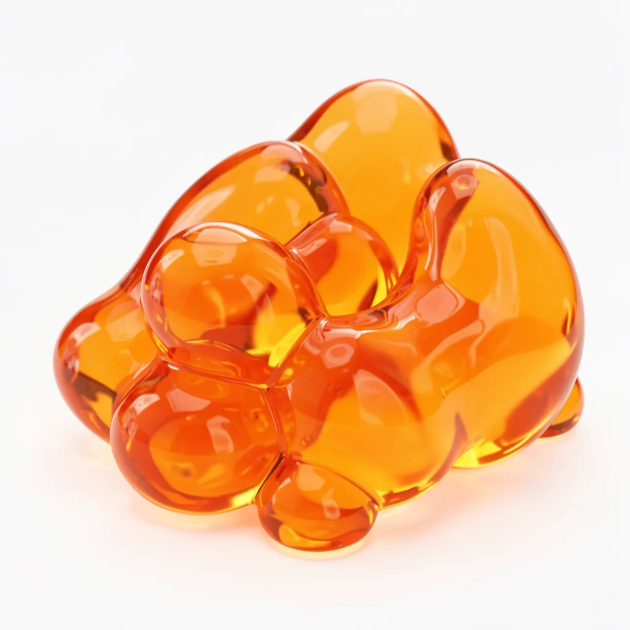 Clustered smooth glossy translucent orange jelly-like 3D forms rest against a plain white background