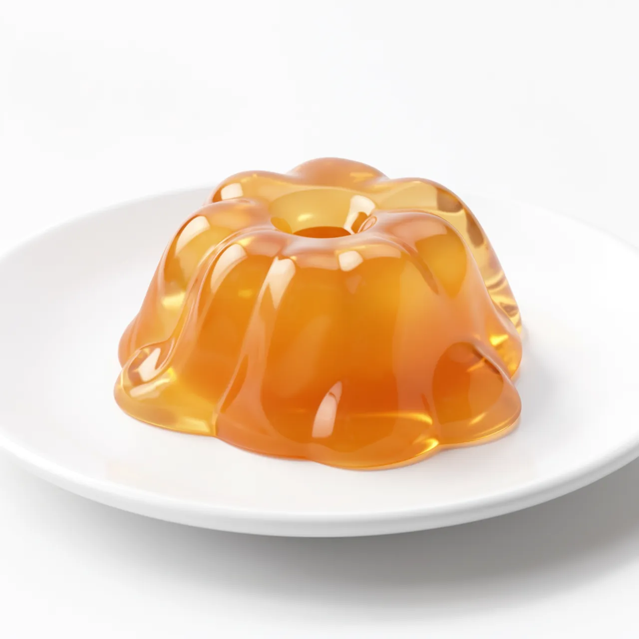 Glossy translucent amber jelly dessert rests on a plain white plate under soft light