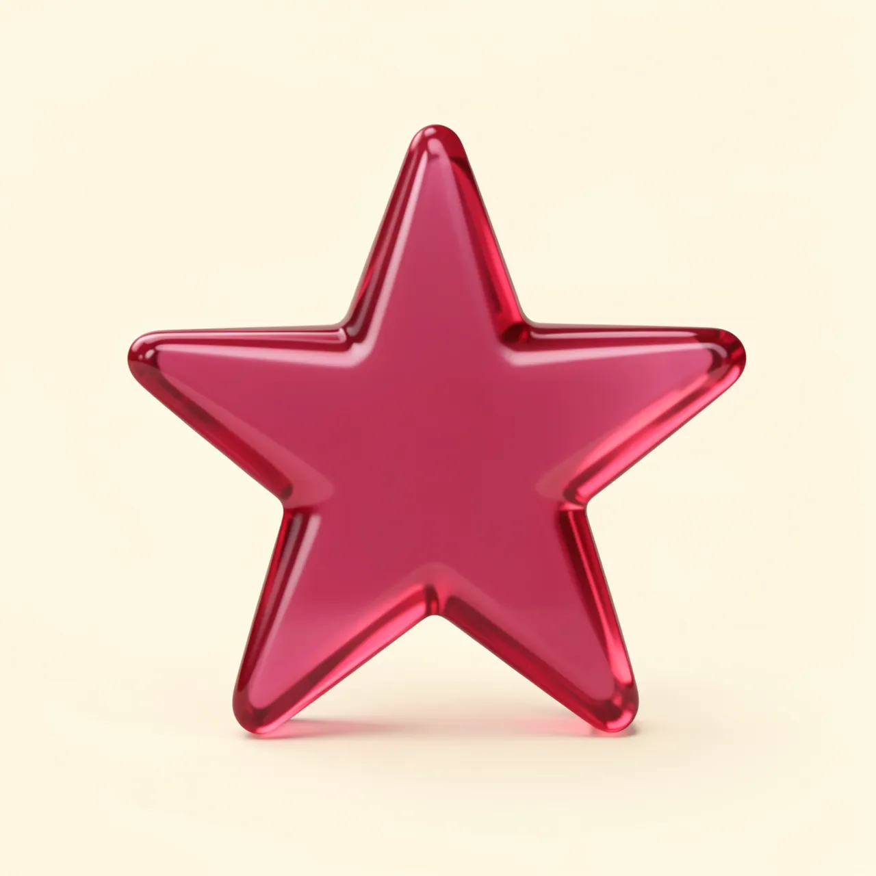 A glossy translucent raspberry pink five-pointed star sits centered on a soft cream background