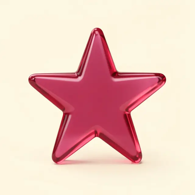 A glossy translucent raspberry pink five-pointed star sits centered on a soft cream background