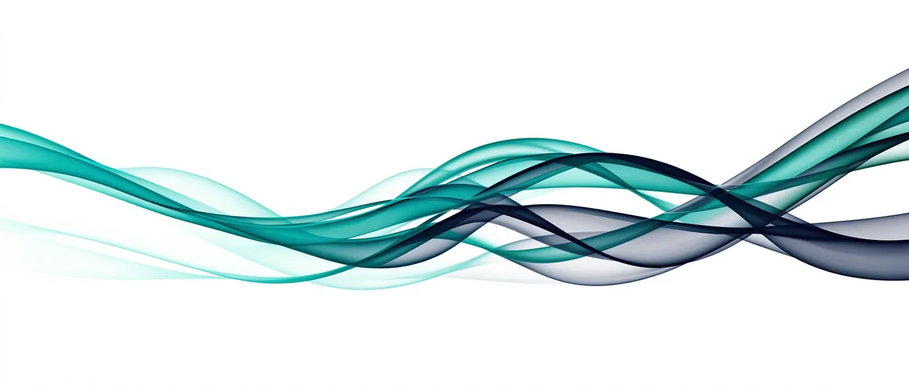 Flowing translucent teal and navy wavy ribbons stretch horizontally against a plain white background with empty upper space