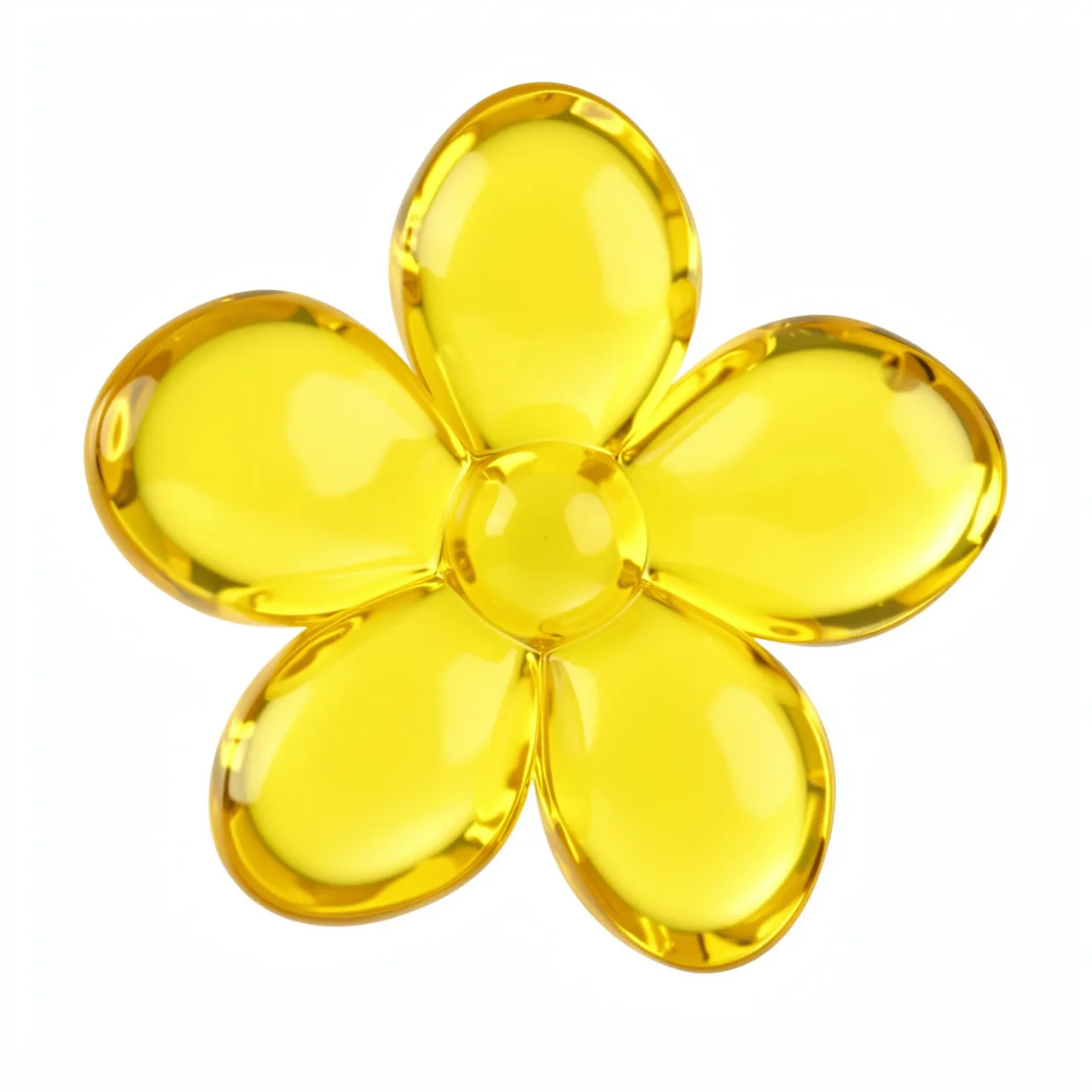 A glossy translucent lemon yellow gummy flower with five round petals set against a plain white background