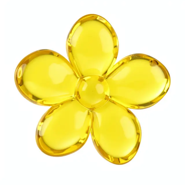 A glossy translucent lemon yellow gummy flower with five round petals set against a plain white background