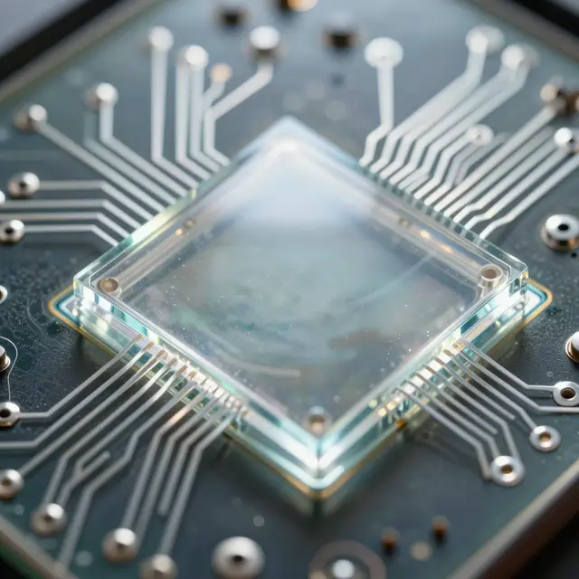 Macro close-up of a transparent glass processor module with fine silver traces mounted on a circuit board