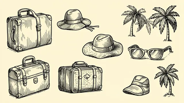 Black ink hand-drawn doodles of vintage luggage, sun hats, sunglasses and palm trees on a warm cream background