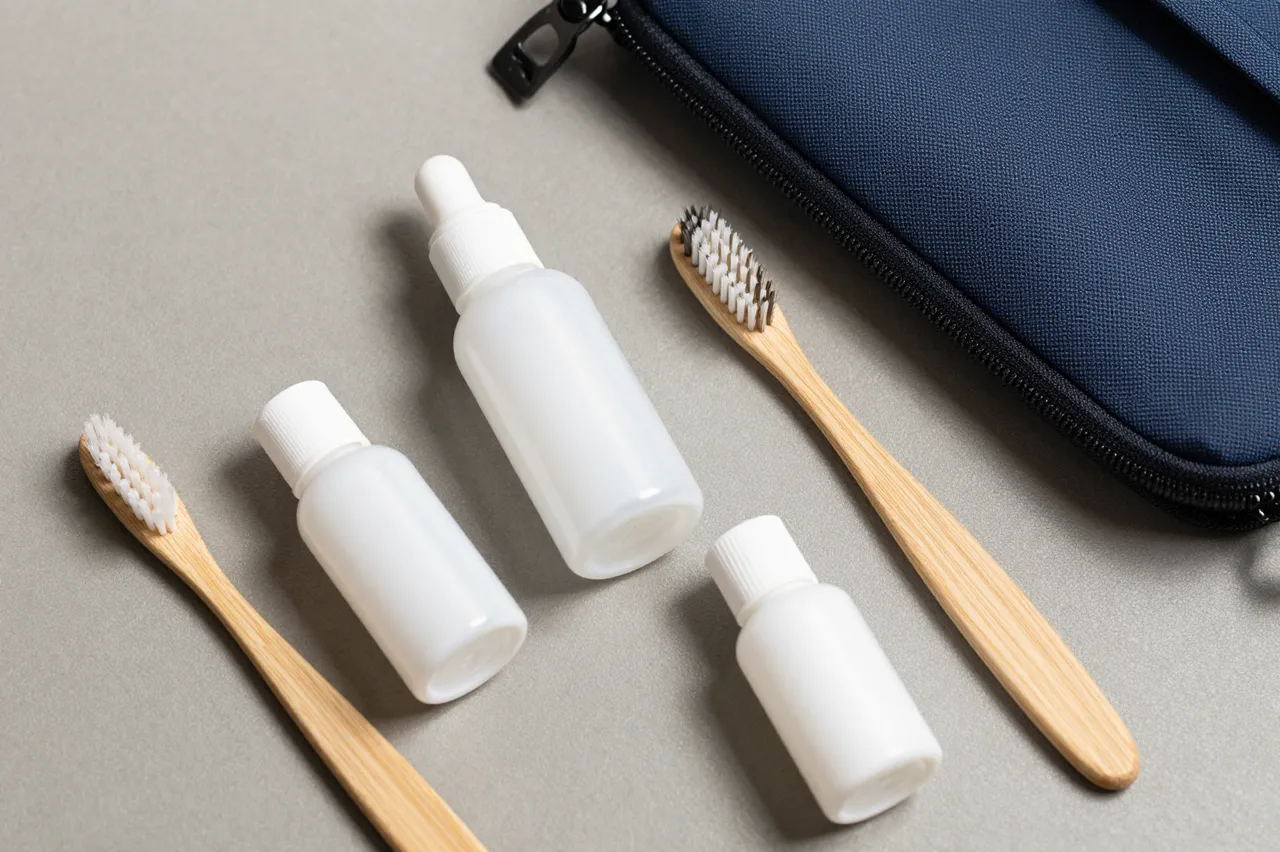 Unlabeled travel toiletry bottles, bamboo toothbrushes and a navy zip pouch rest on a smooth gray surface.