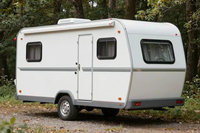 A white tiny home travel trailer parked on a gravel path in a sun dappled forest clearing