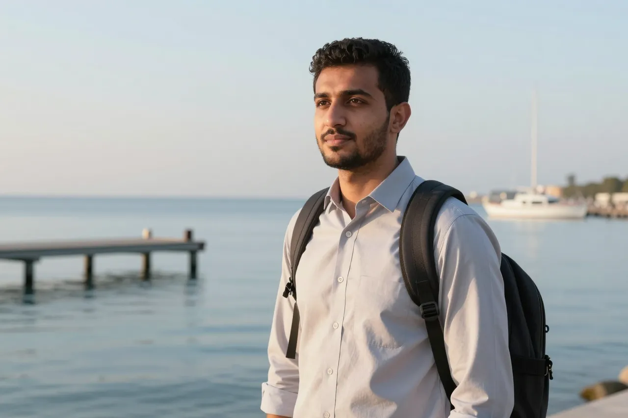 A young Middle Eastern man with a backpack stands beside calm sea at a quiet dawn jetty