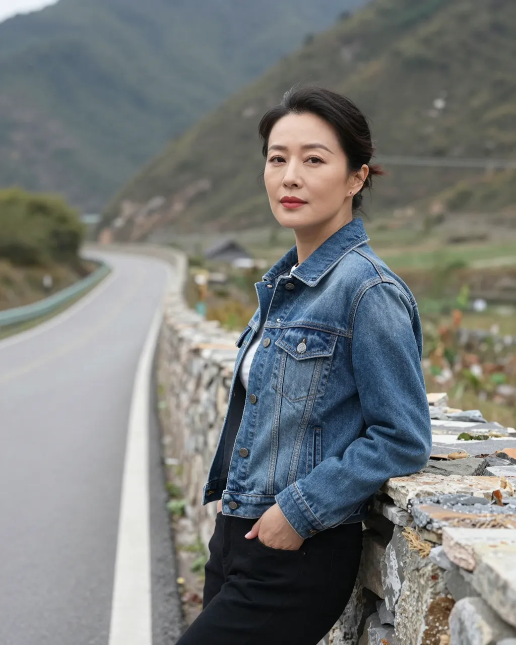 East Asian woman in a denim jacket leans on a stone wall beside a winding mountain road