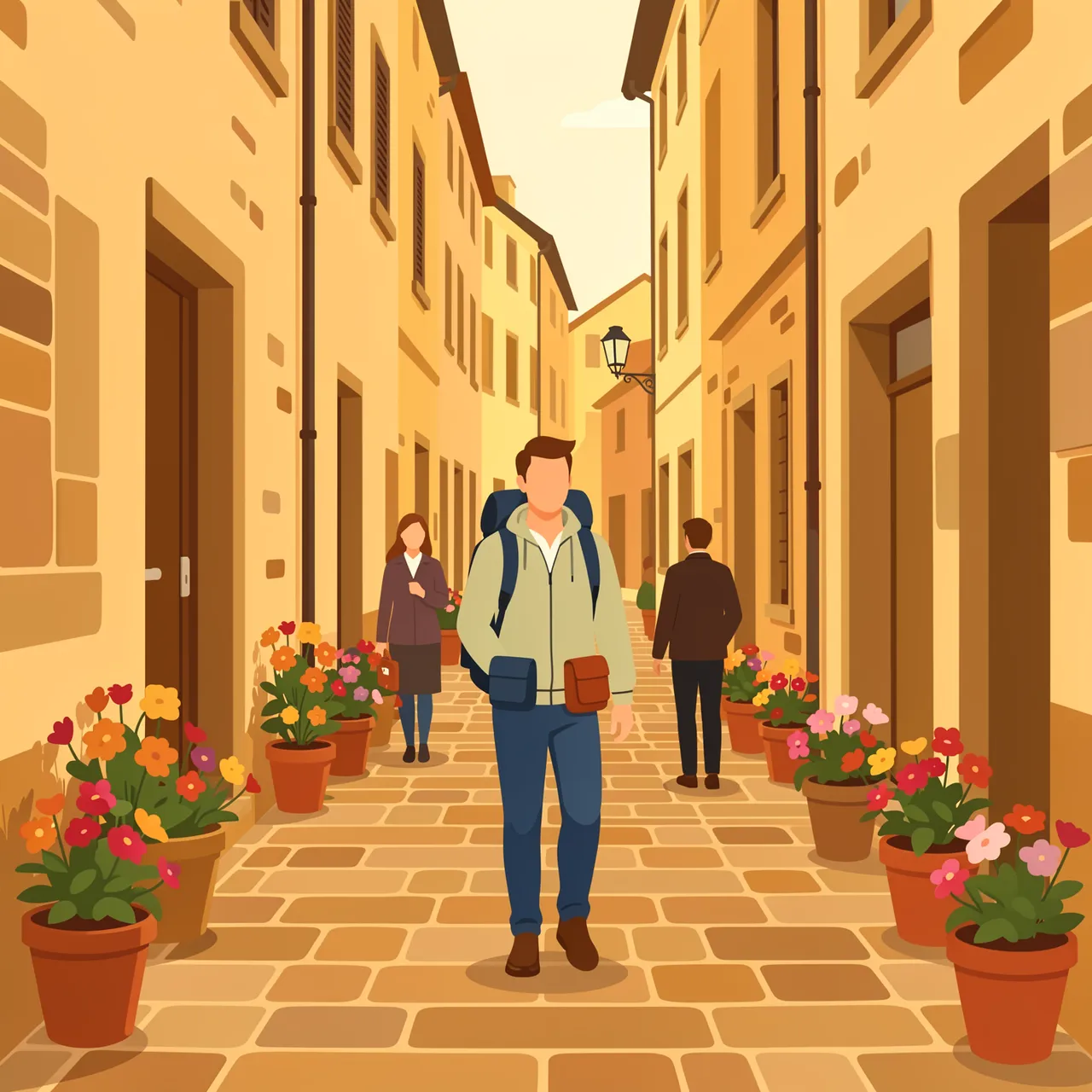 Faceless travelers walk along a sunlit narrow cobblestone old town lane lined with potted flowers