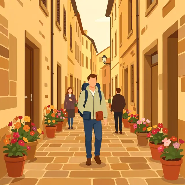 Faceless travelers walk along a sunlit narrow cobblestone old town lane lined with potted flowers