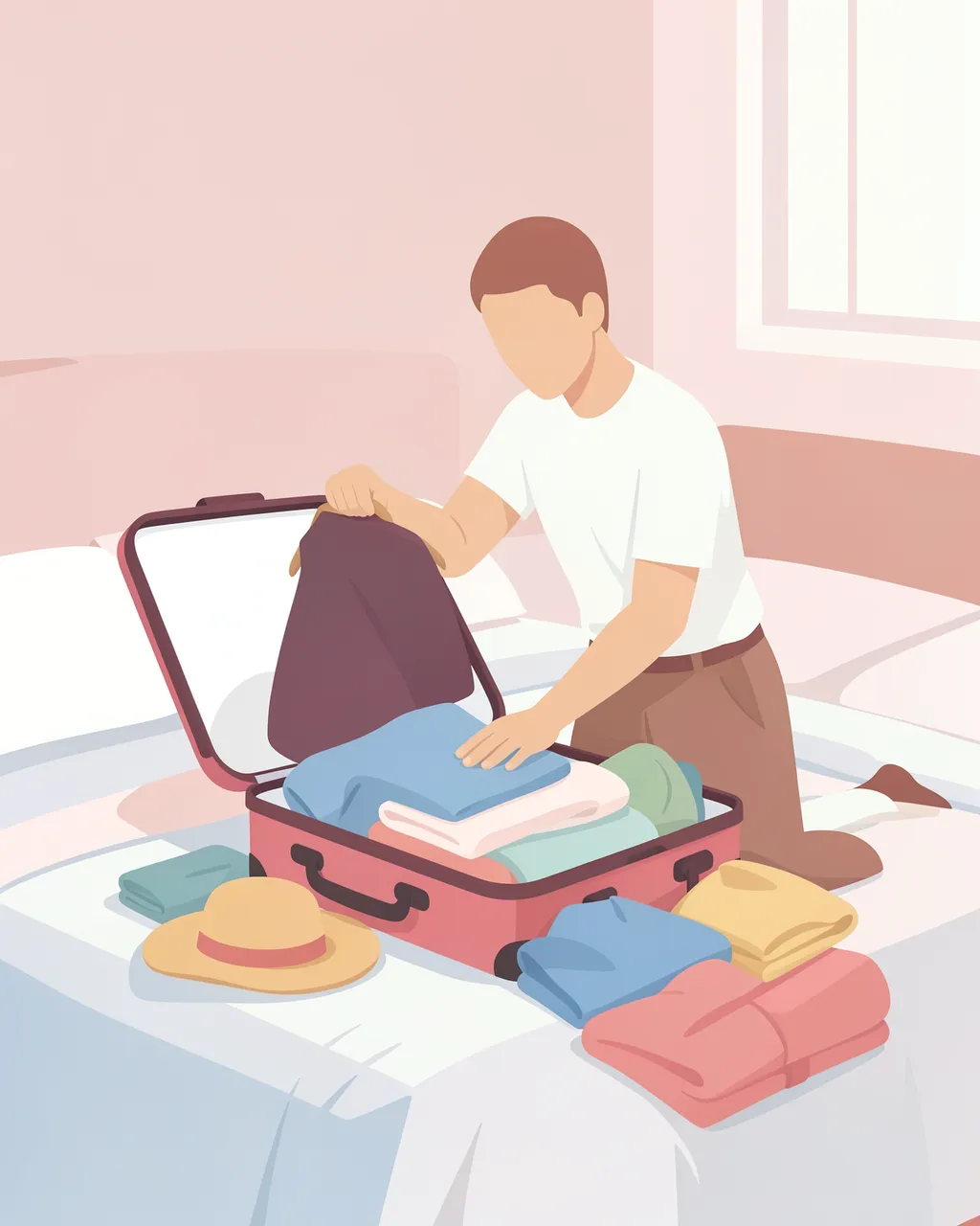 A faceless traveler packs folded clothes into an open pink suitcase on a bedroom bed, with a straw hat beside the luggage.