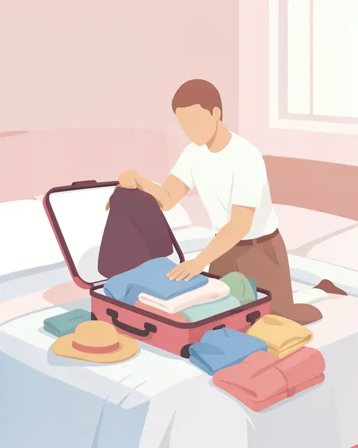 A faceless traveler packs folded clothes into an open pink suitcase on a bedroom bed, with a straw hat beside the luggage.