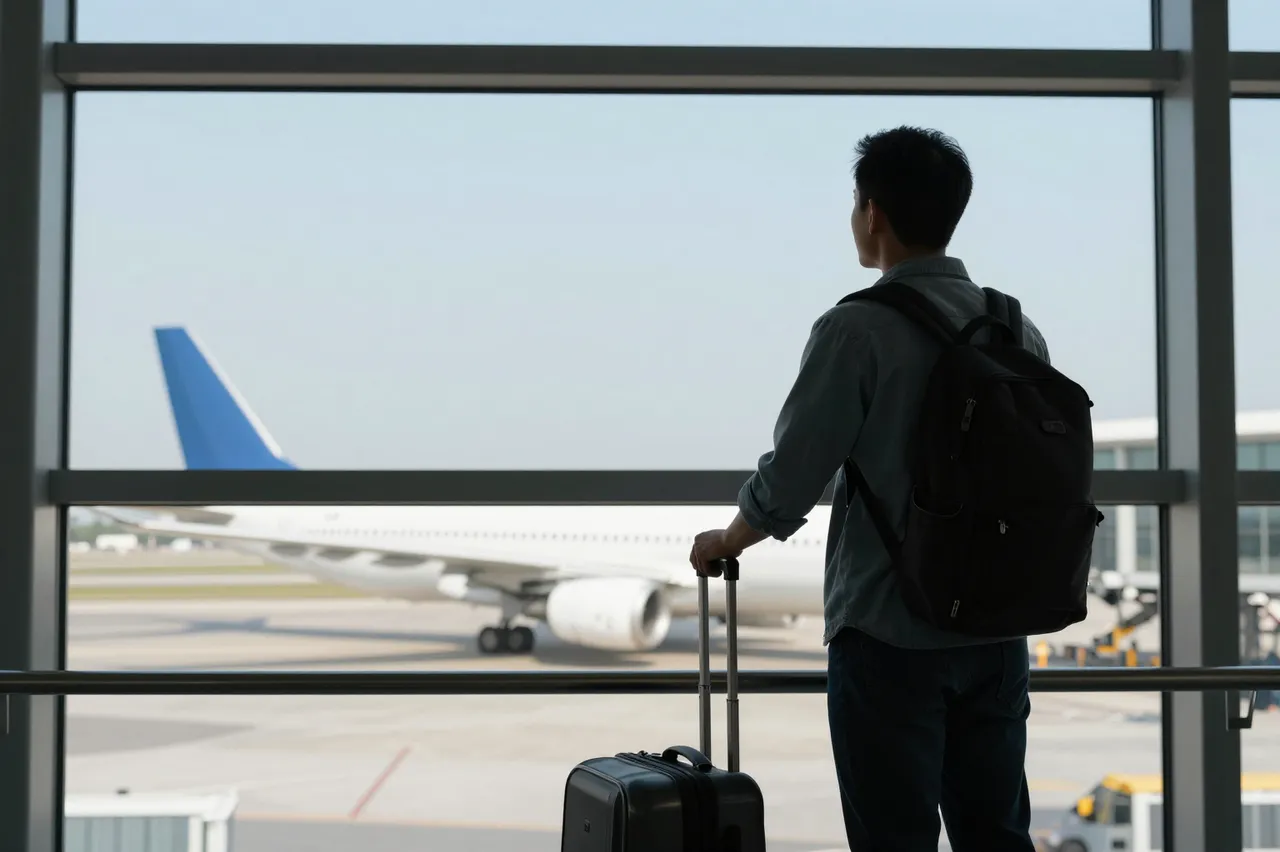 A male traveler with a suitcase and backpack looks out an airport terminal window at a parked airplane on the tarmac.