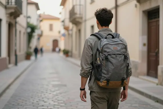 Back view of a young male traveler with a backpack walking down a quiet cobblestone old town street at dawn