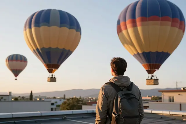Back view of a backpacked traveler standing on a rooftop looking at hot air balloons at sunrise