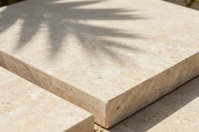 Raised travertine plinth sits in warm sunlight with soft palm leaf shadows across its top surface
