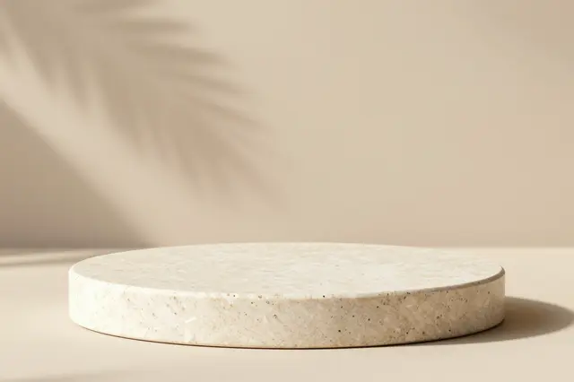 A round travertine display podium sits against a beige backdrop with soft palm leaf shadows