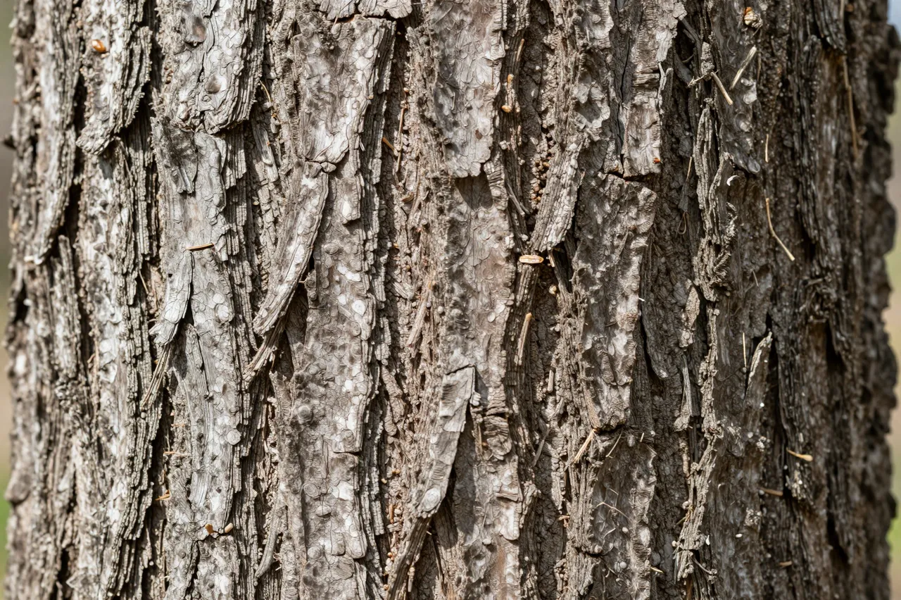 Detailed close-up view of rough, textured weathered tree bark on a tree trunk