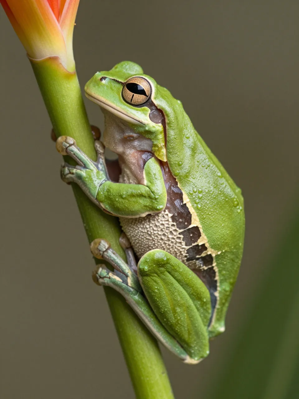 A glossy green tree frog with water droplets clings tightly to a slender flower stem.