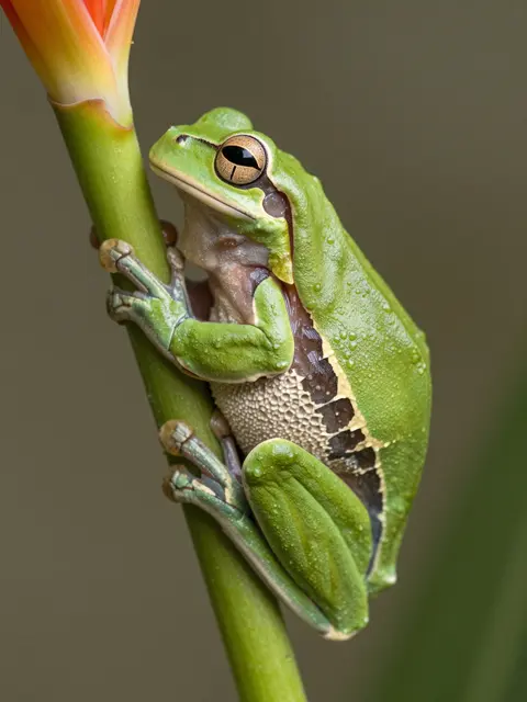 A glossy green tree frog with water droplets clings tightly to a slender flower stem.