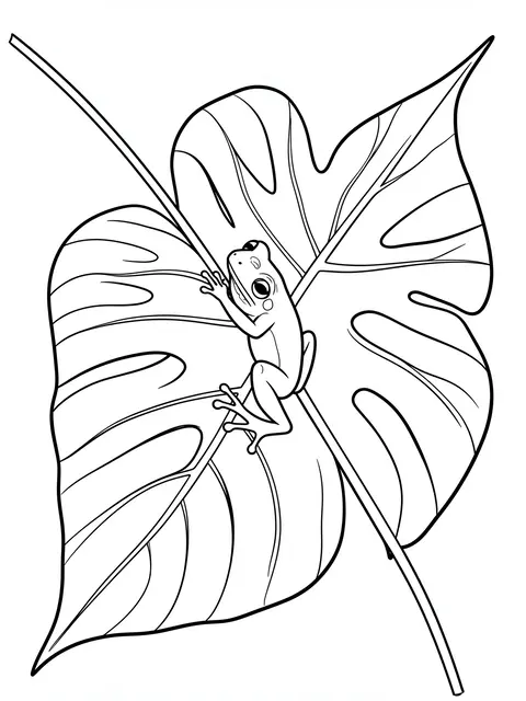 Black and white line art of a tree frog clinging to a large monstera leaf on a plain white background