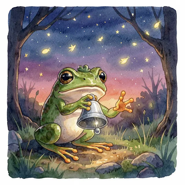 A cute green tree frog holds a silver bell as glowing fireflies float around a starry dusk forest clearing