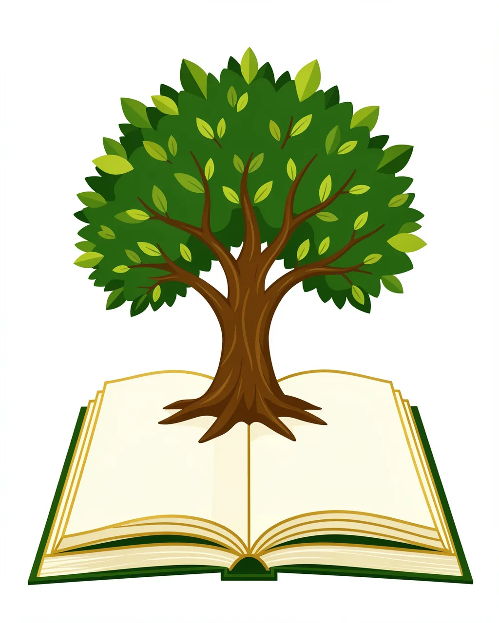 A flat vector illustration of a leafy tree growing from the pages of an open book on a plain white background