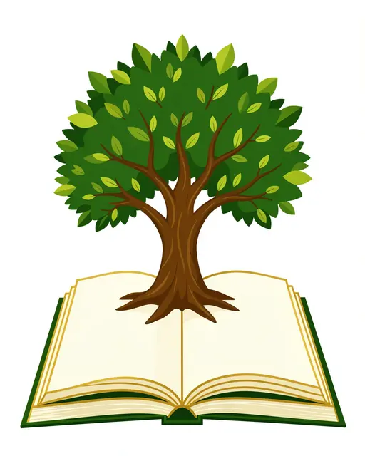 A flat vector illustration of a leafy tree growing from the pages of an open book on a plain white background