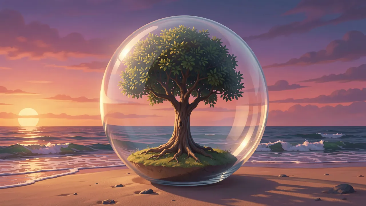 A glass sphere containing a small tree rests on a sandy beach at sunset over the ocean.