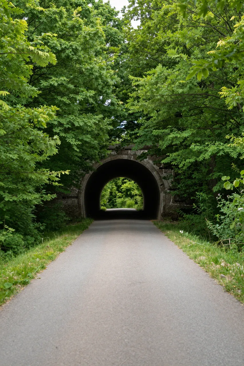 A paved path leads toward an old stone arch tunnel framed by dense summer green foliage.