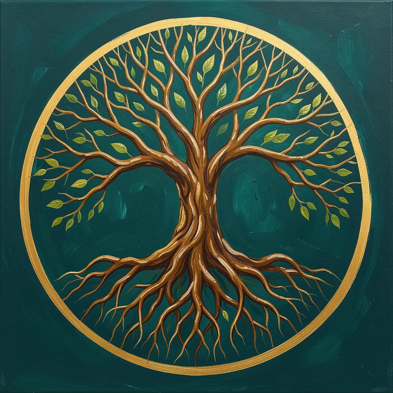 Acrylic painting of a symmetrical tree of life framed by a thin gold circle against a deep teal canvas background