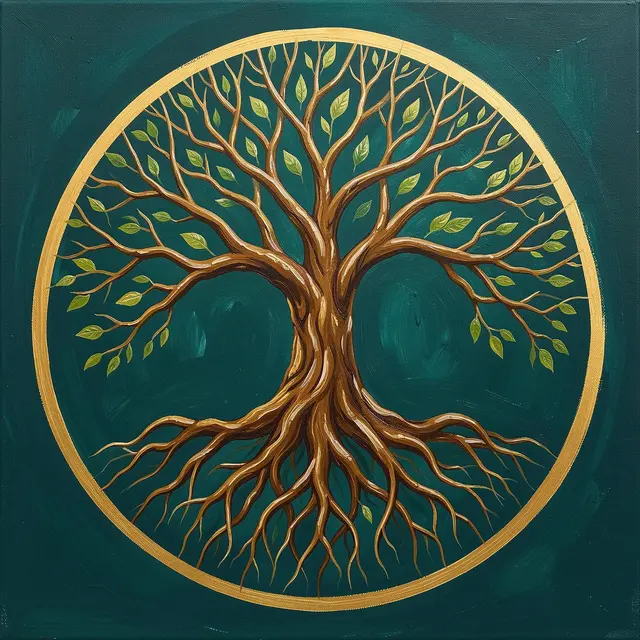 Acrylic painting of a symmetrical tree of life framed by a thin gold circle against a deep teal canvas background