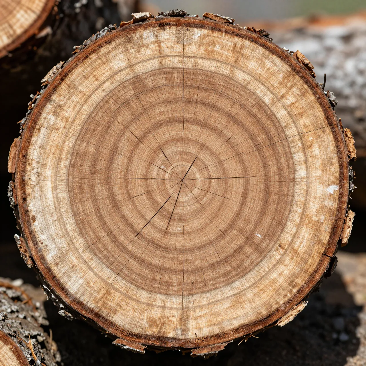 Close-up top view of a cut tree log displaying concentric growth rings and radial cracks