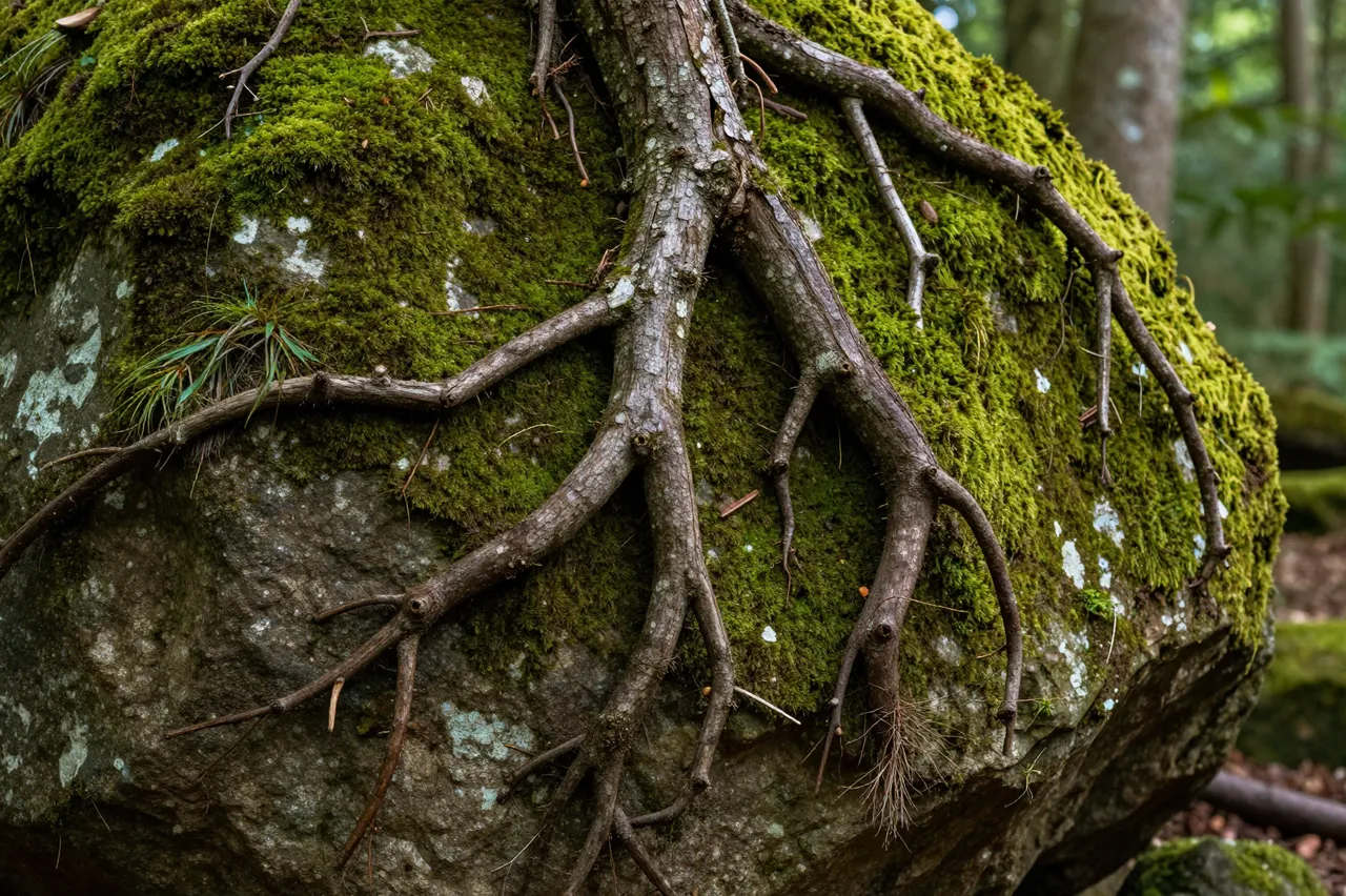 Gnarled tree roots spread across a moss covered boulder in a shaded forest