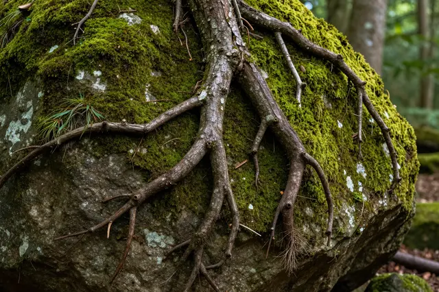 Gnarled tree roots spread across a moss covered boulder in a shaded forest