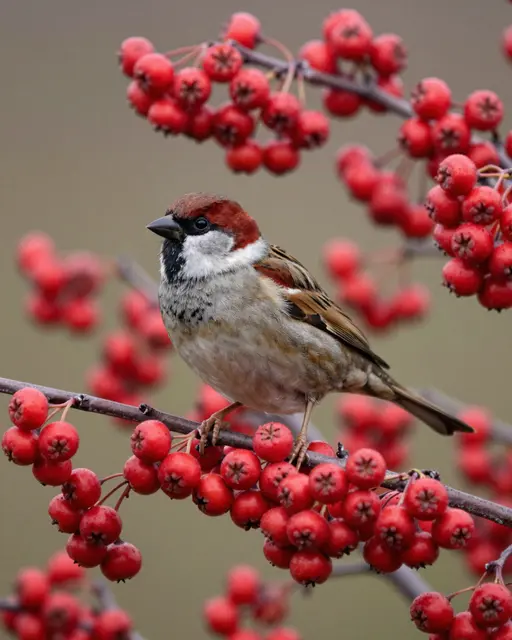 A tree sparrow with a chestnut crown perches on a hawthorn branch heavy with bright red autumn berries.
