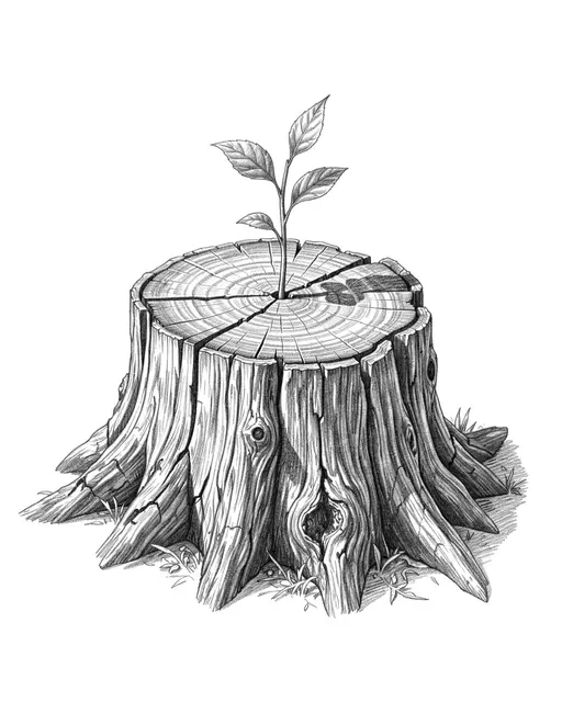 Detailed graphite pencil drawing of an old cracked tree stump with a young growing sprout rising from its center