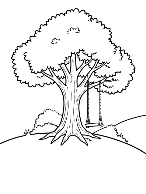 Bold black line art of a large tree with a rope swing on a grassy hill, for a coloring page