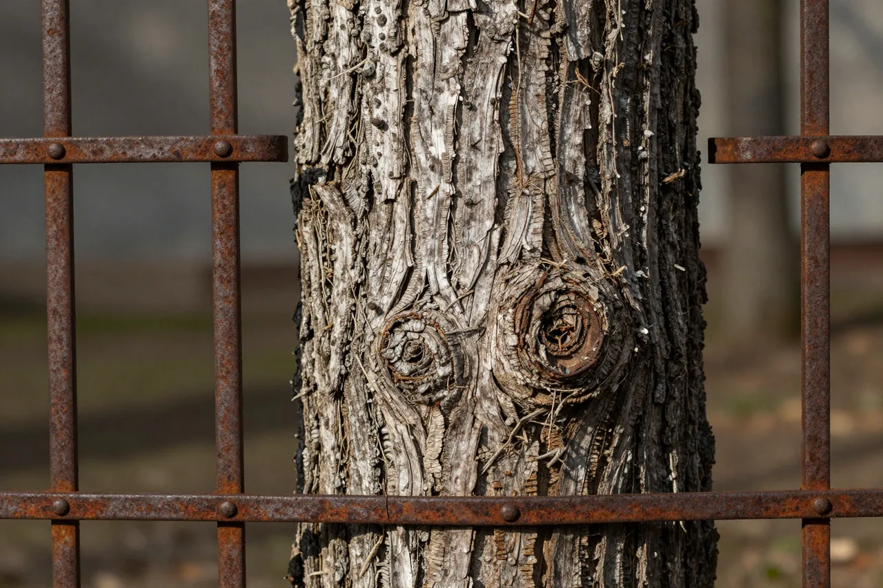 Weathered old tree trunk embedded between sections of a rusted iron fence