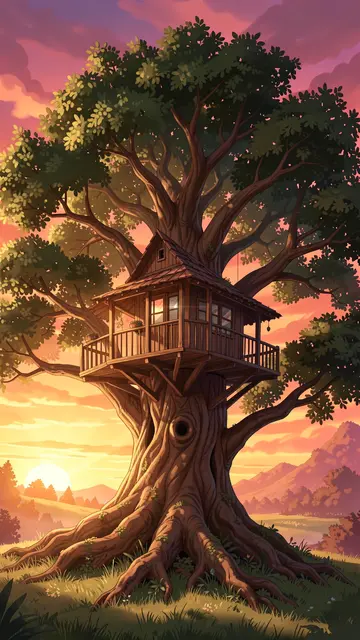 A cozy wooden treehouse built into a giant gnarled tree above rolling hills at vibrant sunset