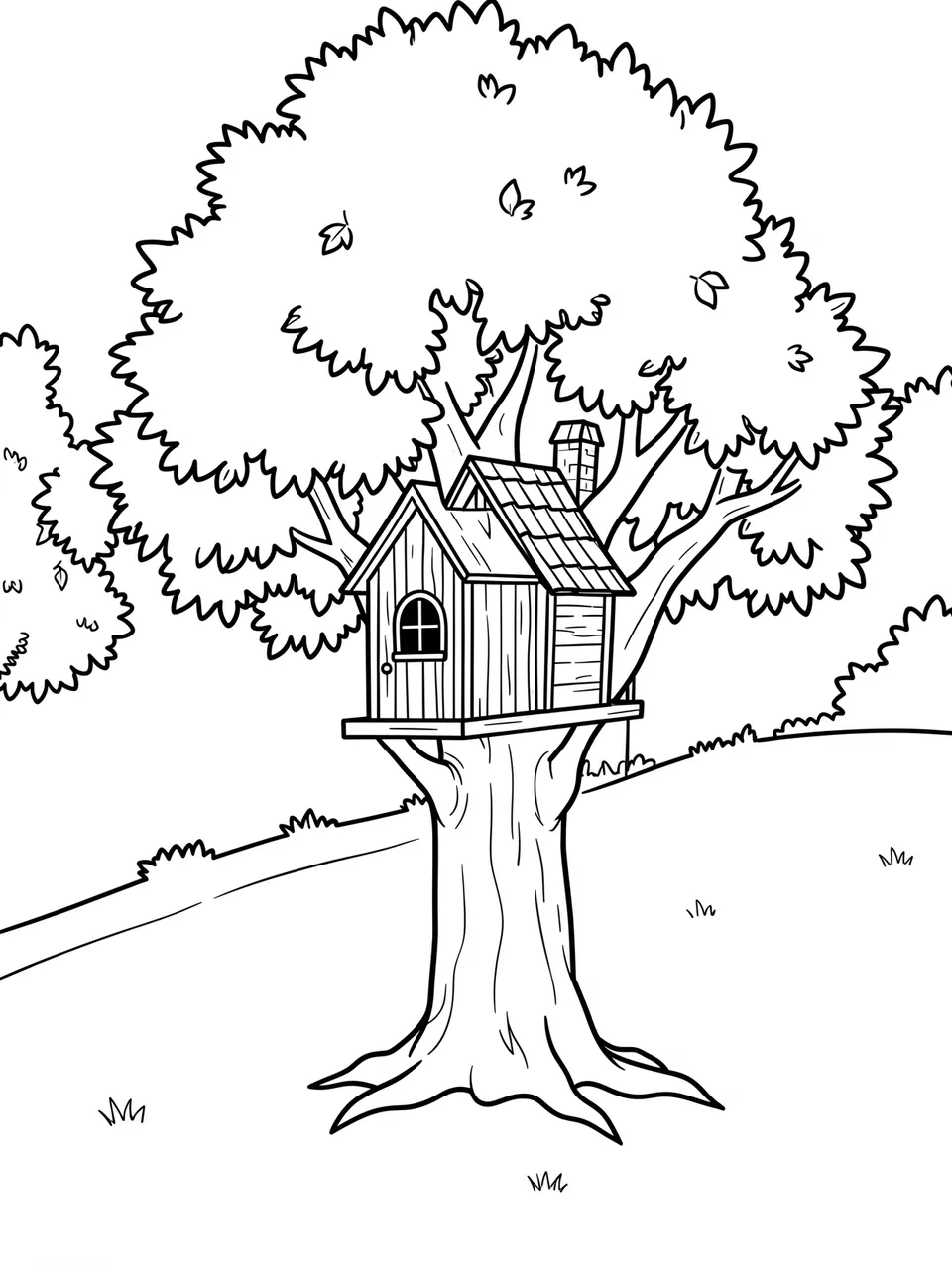 Bold black and white line art of a cozy treehouse nestled in a leafy tree on a white background