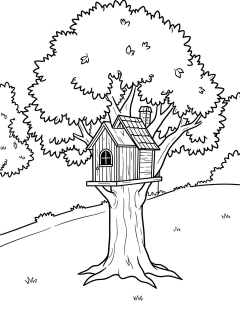 Bold black and white line art of a cozy treehouse nestled in a leafy tree on a white background