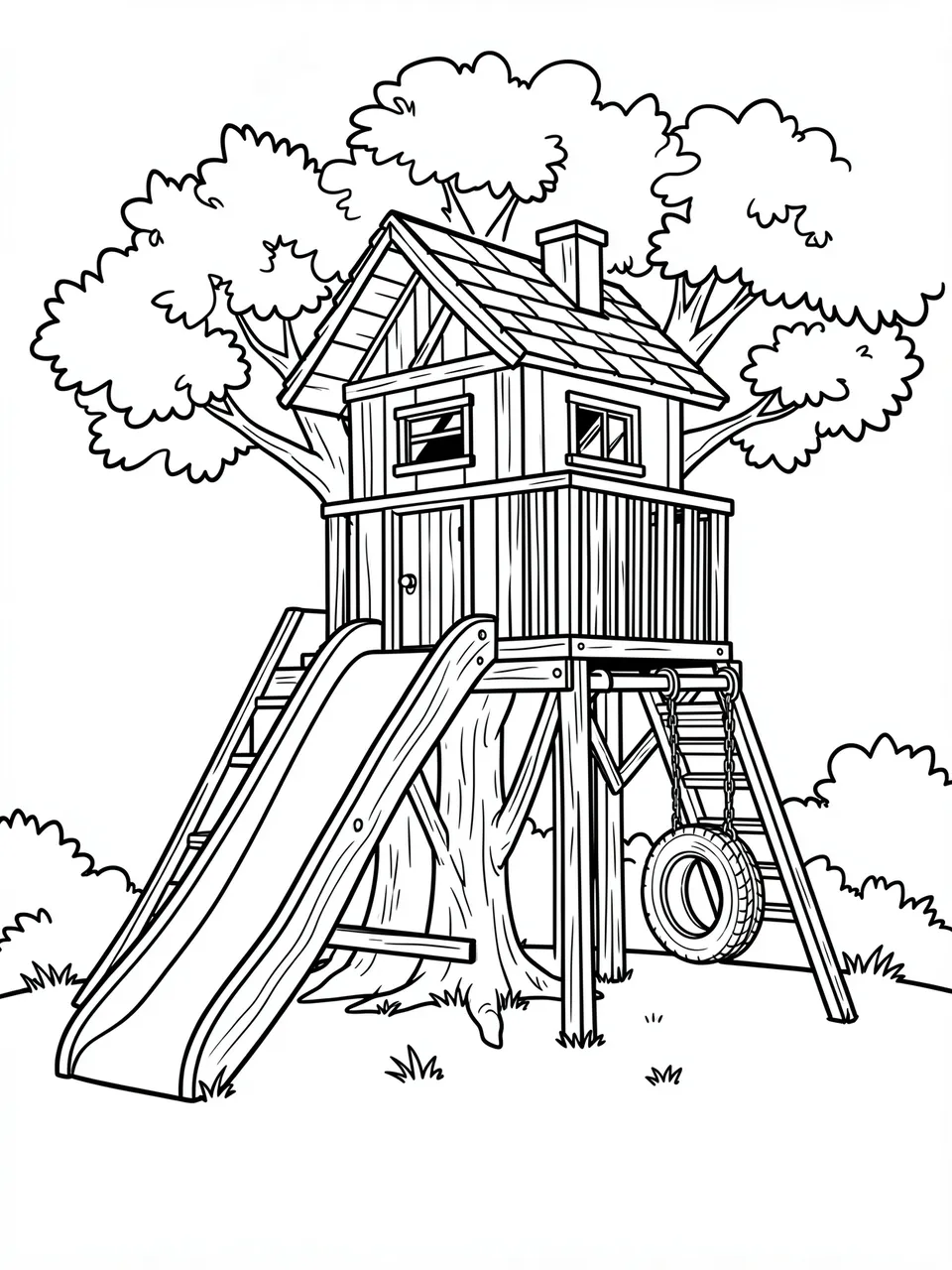 Black and white bold line art of a treehouse with a slide and hanging tire swing on a plain white background