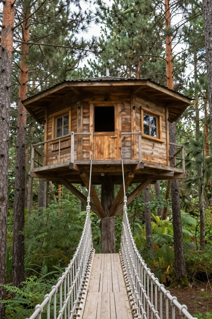 Wooden octagonal treehouse accessed by a rope suspension bridge in a tall pine forest