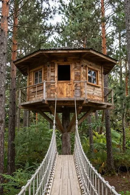 Wooden octagonal treehouse accessed by a rope suspension bridge in a tall pine forest