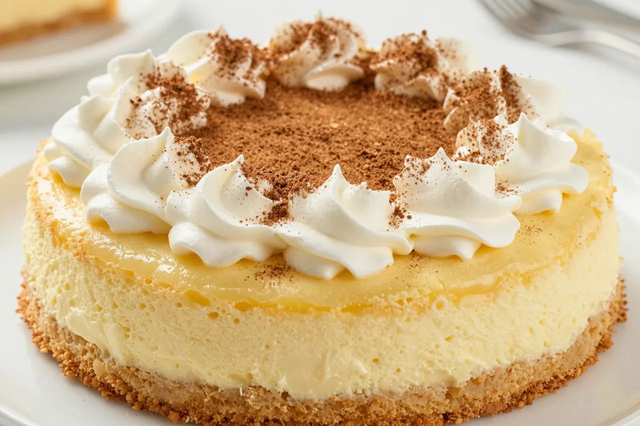 Whole tres leches cake topped with piped whipped cream and cinnamon dusting on a white plate