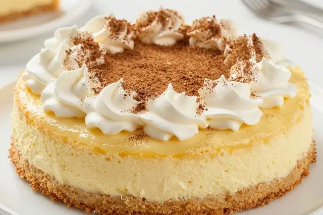 Whole tres leches cake topped with piped whipped cream and cinnamon dusting on a white plate