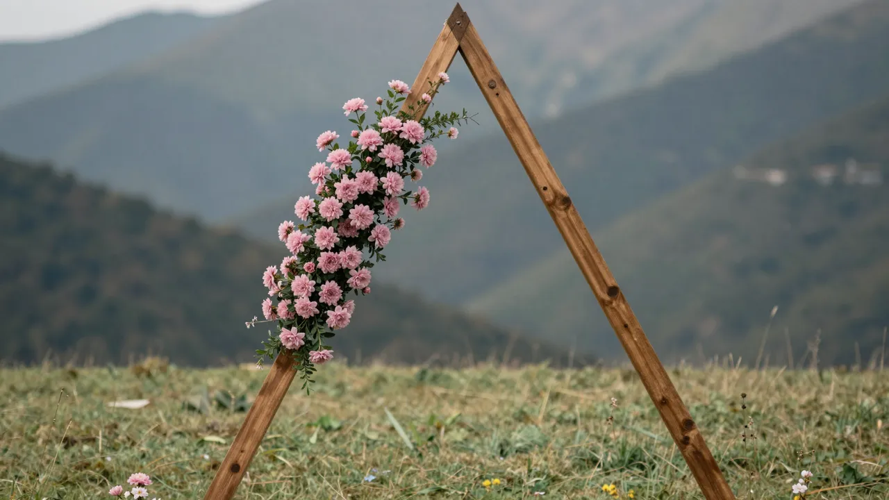Wooden triangular wedding arch with dusty pink flowers set in a mountain meadow